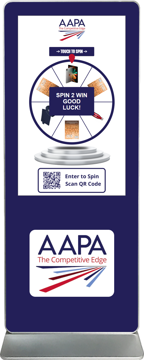spin-2-win digital prize wheel touch screen kiosk rental AAPA