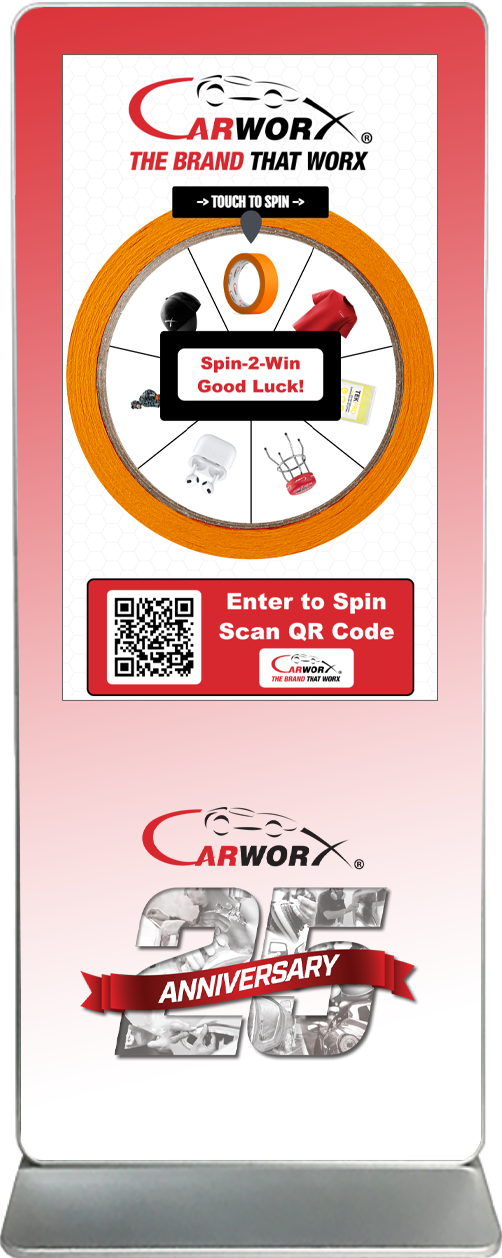 spin-2-win digital prize wheel touch screen kiosk rental Carworx