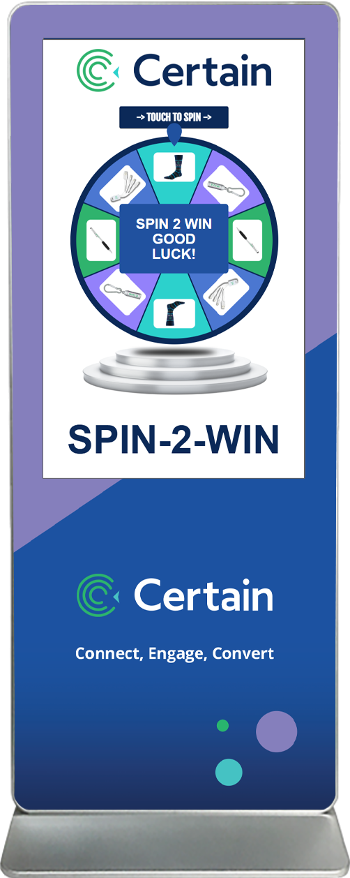spin-2-win digital prize wheel touch screen kiosk rental Certian
