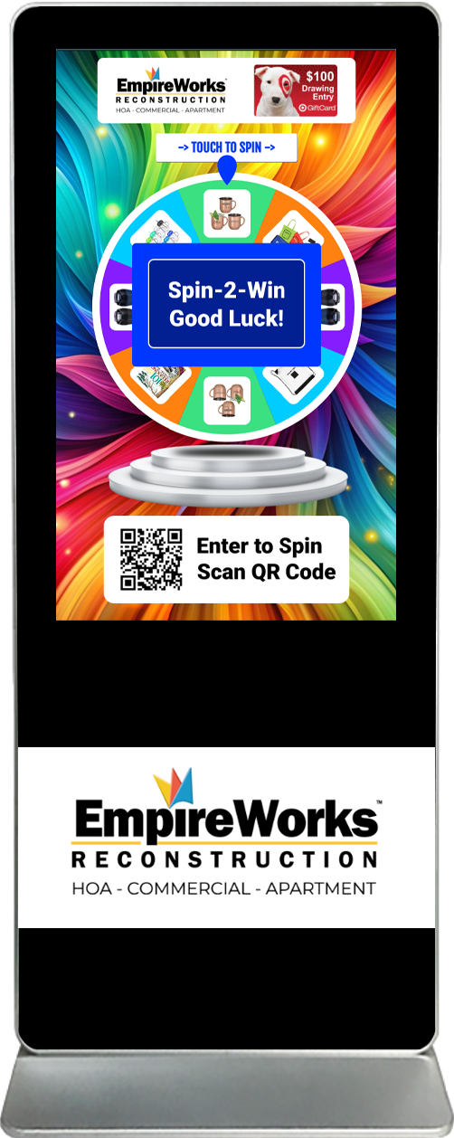 spin-2-win digital prize wheel touch screen kiosk rental Empire Works