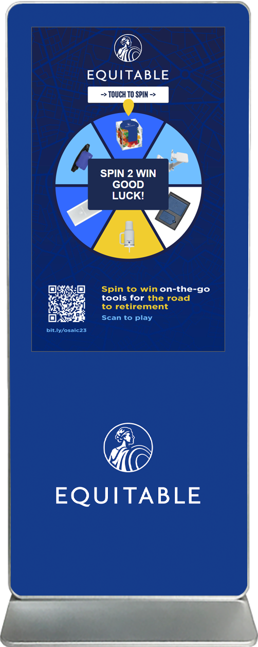 spin-2-win digital prize wheel touch screen kiosk rental Equitable