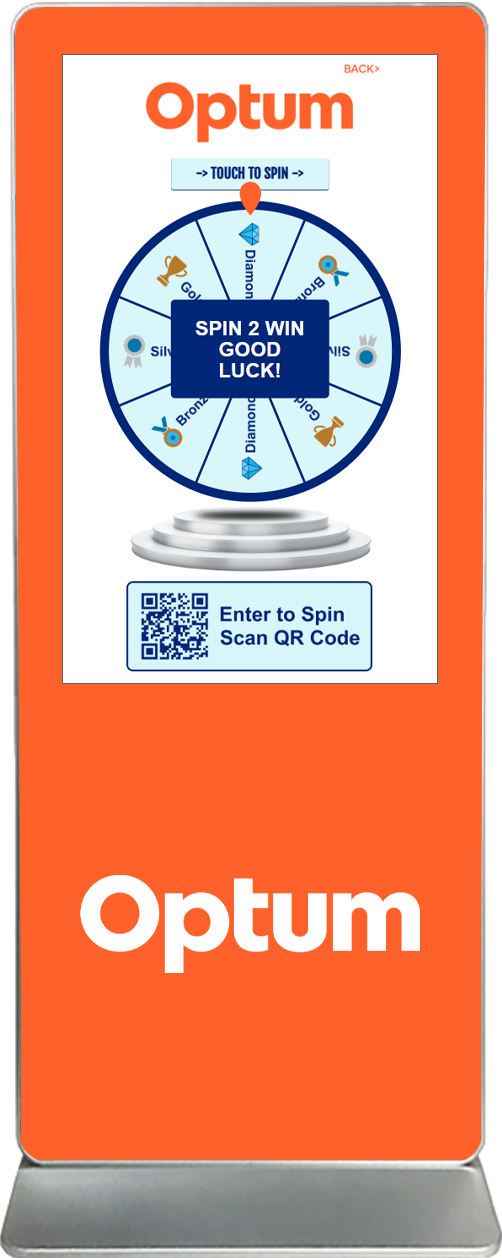 spin-2-win digital prize wheel touch screen kiosk rental Optum