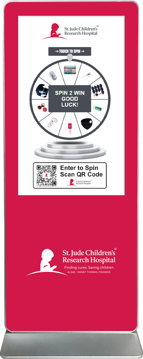 spin-2-win digital prize wheel touch screen kiosk rental St. Jude