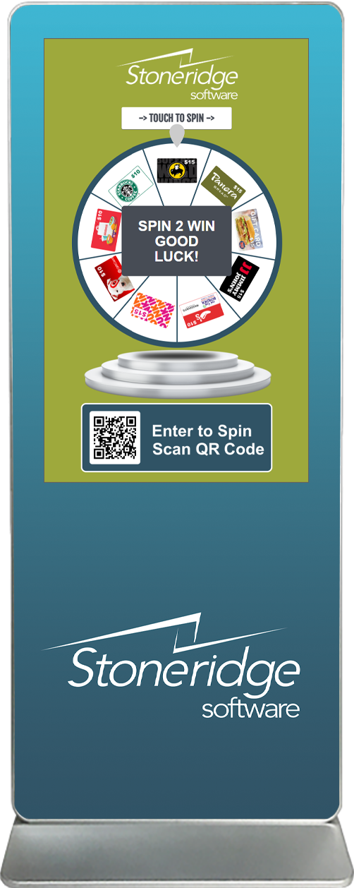spin-2-win digital prize wheel touch screen kiosk rental Stoneridge