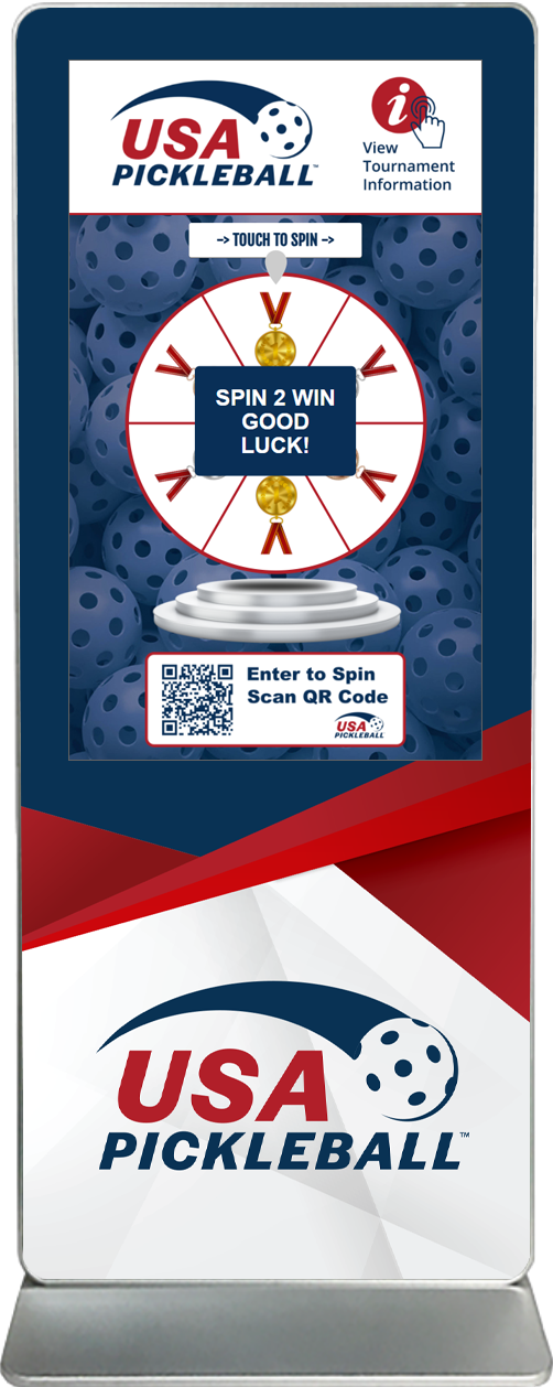 spin-2-win digital prize wheel touch screen kiosk rental USA Pickleball