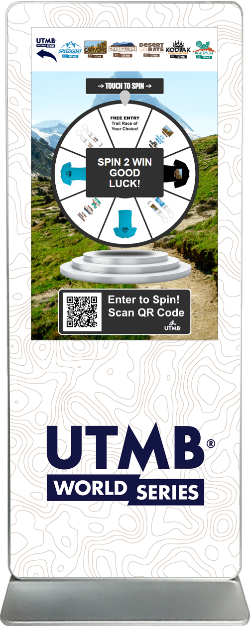 spin-2-win digital prize wheel touch screen kiosk rental UTMB