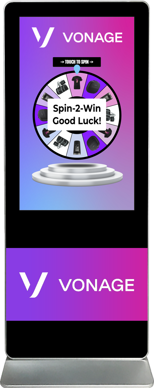 spin-2-win digital prize wheel touch screen kiosk rental Vonage