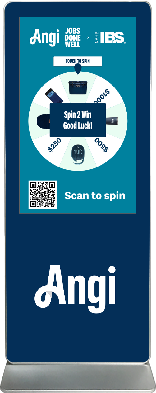 spin-2-win digital prize wheel touch screen kiosk rental Angi