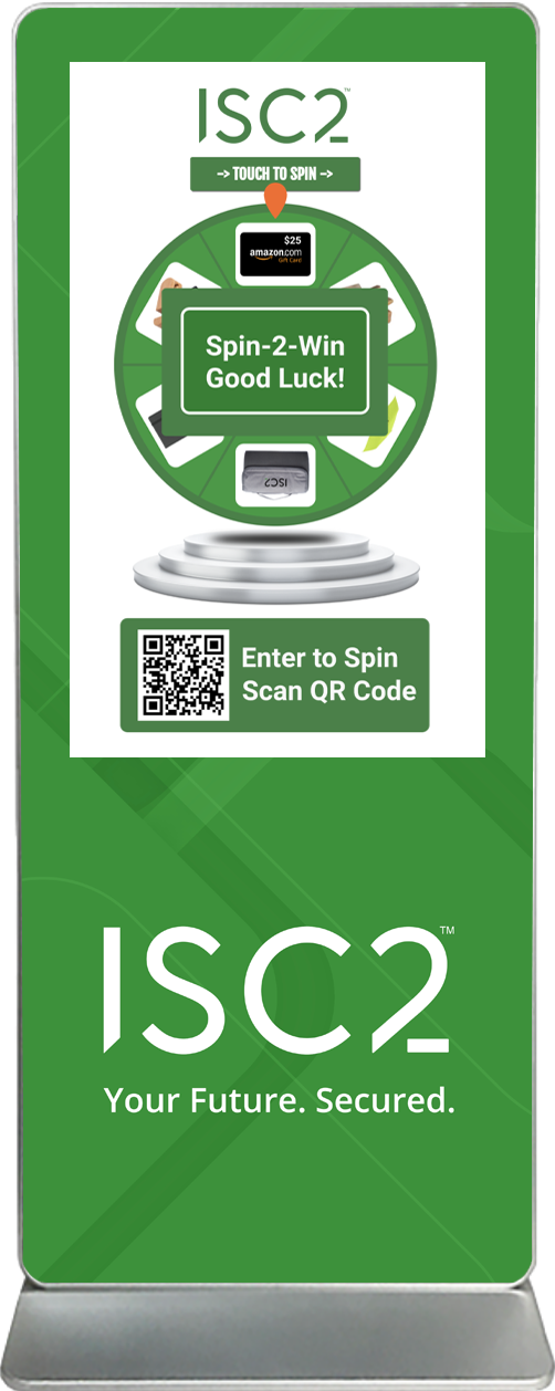 spin-2-win digital prize wheel touch screen kiosk rental ISC2